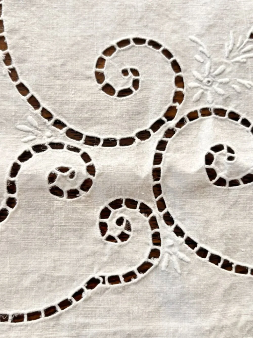 Vintage White Linen Eyelet Embroidered Tablecloth 68 x 84
